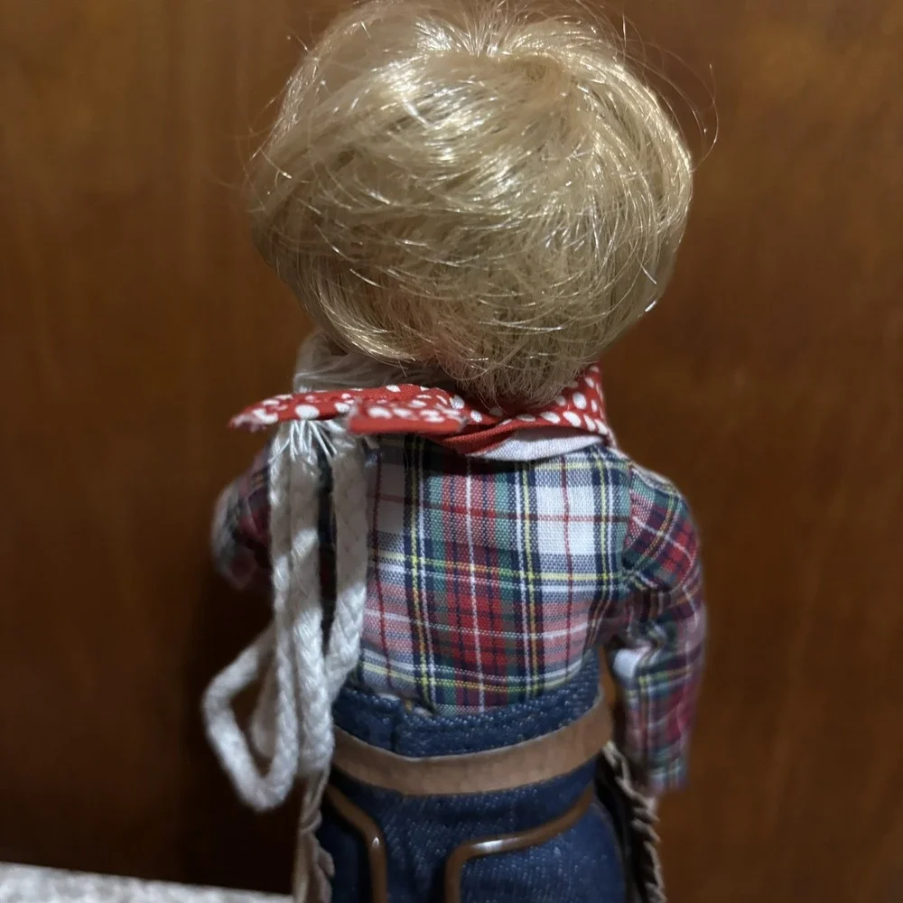 Cowboy Doll Blonde Straight Hair Blue Eyes Light Complexion Hat Plaid Shirt